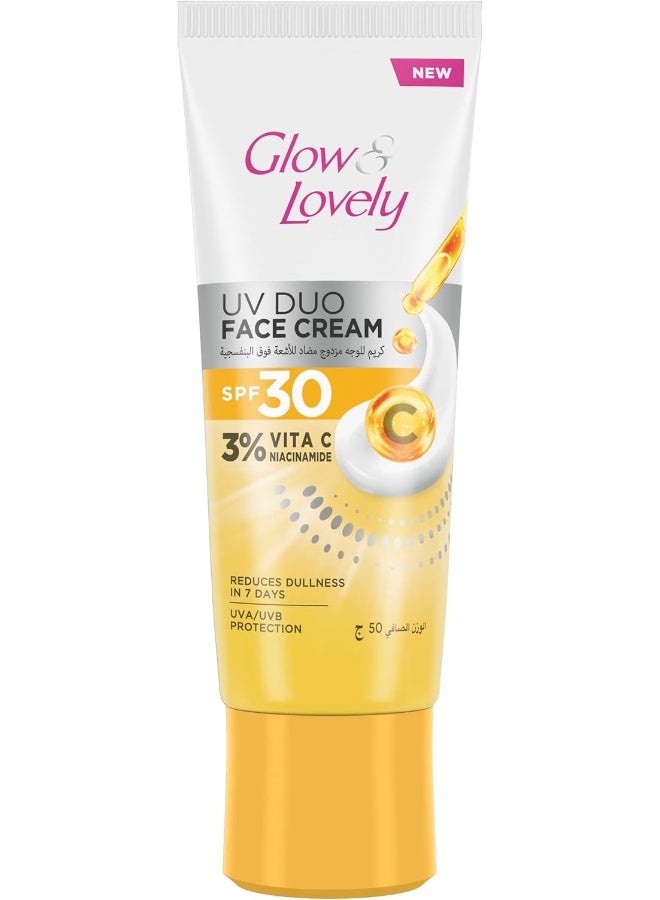 جلو آند لوفلي كريم الوجه Glow & Lovely UV Duo، عامل حماية من الشمس 30، 3% فيتامين سي ونياسيناميد، 50 غرام - Image 1